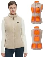 Khaki Flauschige Heizweste Damen mit 16000mAh 7.4V Powerbank inklusive, Sherpa Beheizte Weste Damen, Elektrische Fleece Wärmeweste für Outdoor-Ski-M