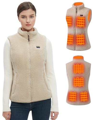 Hecusma Khaki Flauschige Heizweste Damen mit 16000mAh 7.4V Powerbank inklusive, Sherpa Beheizte Weste Damen, Elektrische Fleece Wärmeweste für Outdoor-Ski-M