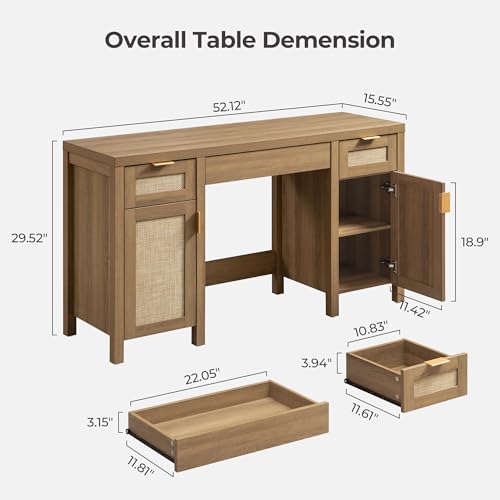 Image of SICOTAS Rattan Vanity Home Office Desk 52 inch Vanity Table with 3 Drawers | Farmhouse Boho Makeup Vanity Dressing Table with Large Storage, Vanities Desk for Makeup Room, Bedroom, Office