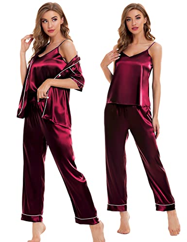 Image of SWOMOG Womens Silk Satin Pajamas Sets 4pcs Sleepwear Sexy Cami Shorts Set and Button Down Short Sleeve Pjs Loungewear Wine Red X-Small
