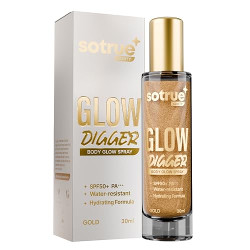Image of Sotrue Glow Digger Body Glow Spray | Pearlescent Gold Shimmer Mist for Radiant Skin | Lightweight, Waterproof & Non-Greasy Body Highlighter | Hydrating Body Makeup for Women