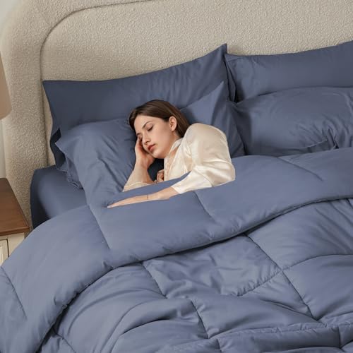 Anluoer California King Size Bed in a Bag 7 Pieces,Grayish Blue Cal King Comforter Set with Sheets,All Season Bedding Sets with Comforter,Pillow Shams,Pillowcases,Flat Sheet,Fitted Sheet