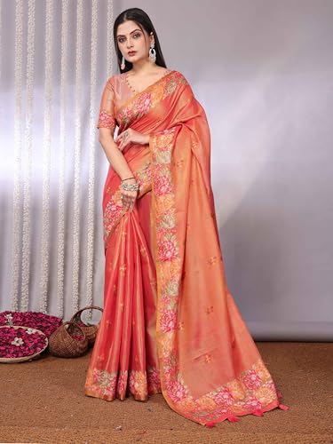Image of SWORNOF Gold-Toned Woven Design Silk Zari Tissue Saree | Saree for Women | Soft and Skin Friendly