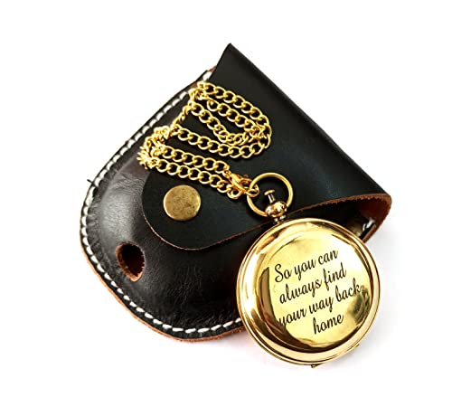 Brújula de bolsillo de latón brillante grabada con estuche de cuero, brújula de botón de 2" para camping, senderismo, viaje - regalo para cumpleaños, Navidad, aniversario y graduación miniatura 1
