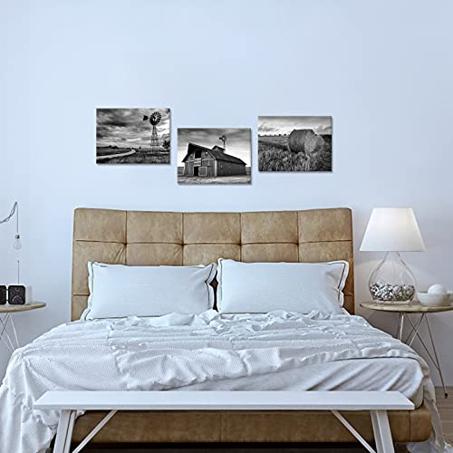 Simiwow Farmhouse Landscape Picture Wall Decor Countryside Windmill Barn Picture Wall Art Canvas Prints Framed 12"X16"X3 Pieces, Black And White #TOP2