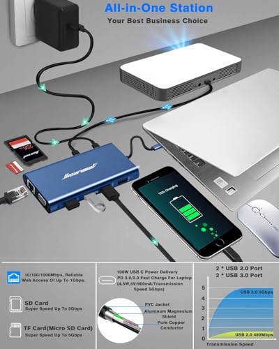 Image of Hiearcool USB C Docking Station, 11-in-1 Dock, HDMI, VGA, Ethernet, Blue