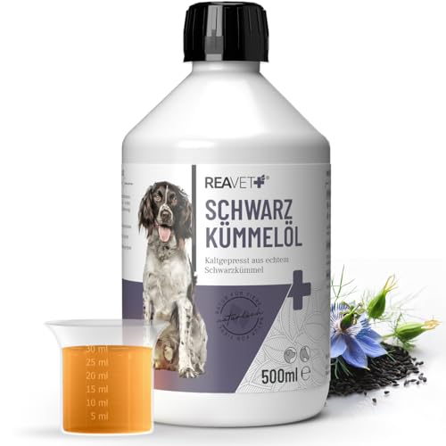 ReaVET Schwarzkümmelöl für Hunde & Pferde 500ml, Kaltgepresst aus echter Schwarzkümmelsaat Nigella Sativa, Reines Schwarzkümmel Öl zur Fellpflege & Fütterung mit Omega-6 & Omega-9