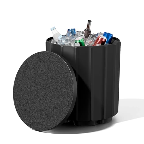 FONTOI Outdoor Cooler Side Table, 2 in 1 Versatile Ice Cooler Table, Broad Fluted Outdoor Accent Table with Hangable Lid, All-Weather Resistant for Patio Decor, Deck, BBQ, Beach | Black by FONTOI - Used condition - US$68.41