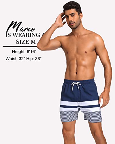 Silkworld Quick Dry Mens Swim Trunks With Compression Liner Stretch Swim Shorts Bathing Suits With Zipper Pockets,Dark Navy&White Stripes,Medium #TOP4