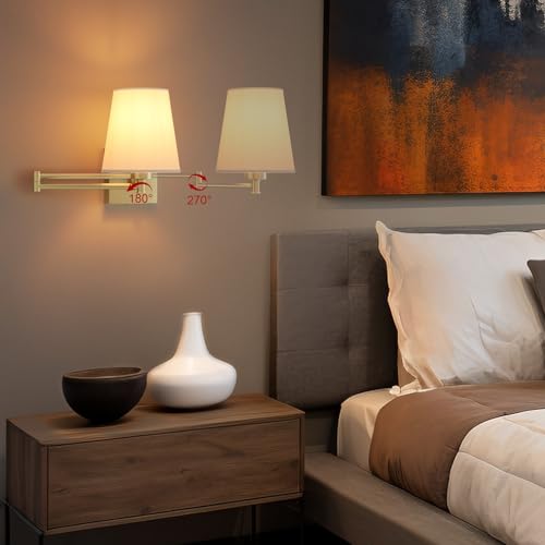 Image of Aipsun Gold Wall Sconce Set of 2, Swing Arm Wall Lamps, Modern Bedroom Wall Sconce Fixtures with Fabric Lampshade for Reading Hallway Living Room(Exclude Bulb)