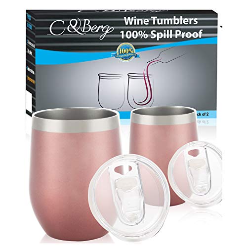 12 oz 2 Rose Gold Stainless Steel Wine Tumbler - Double Wall Vacuum Insulated Unbreakable Thermos w/Spill-proof Lid - For Wine Beer Coffee Cocktail - Travel-Friendly Mug