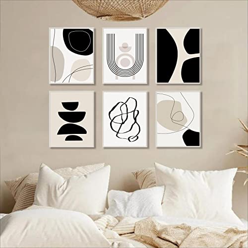 Abstract Boho Wall Art Prints Set Of 6, Minimalist Geometric Boho Wall Art Black Brown Beige Line Art Canvas Painting Pictures, Mid-Century Modern Prints Gallery Wall Posters For Bedroom Living Room Bathroom Boho Room Decor(8" X 10", Unframed) #TOP2