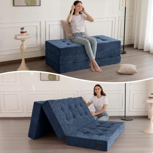 Image of MAXYOYO 6 inch Folding Sofa Bed for Floor, Tufted Tri-Fold Floor Mattress | Full Size Portable Sofa Couch Guest Mat with Chenille Fabric for Adults, Foldable Topper for Camping, Dusty Blue, Full