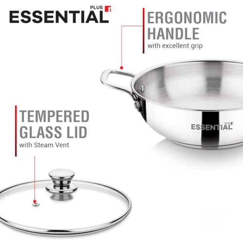 Image of BERGNER Essential Plus Stainless Steel Kadai with Glass Lid, 24cm (2.8 L), Even Heat Distribution, Consumes Less Oil, Healthy Cooking, Easy to Clean - Induction and Gas Stove Ready