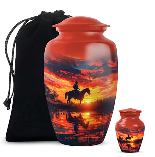 Image of Cowboy Urn - Large & Small Urns for Ashes Adult Male - Unique Cremation Urns for Human Ashes - Companion Urns for 2 Adults - Memorial Ash Containers - 10 inch & 3 inch Pack of 2