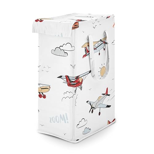 Sweet Jojo Designs Vintage Airplane Boy Laundry Hamper Foldable Dirty Clothes Basket with Handles for Baby Nursery Kids Bedroom Teen Bathroom Airplanes Air Plane Transportation Clouds Sun Sky Aviator -  LAUNDRY-AIRPLANE-RD-BU-PRT