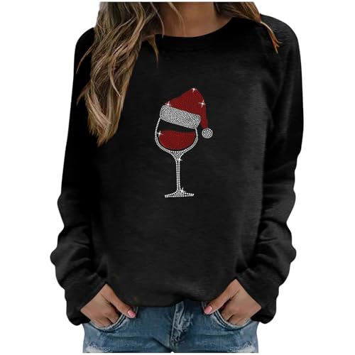 Christmas Sweatshirts for Women 2025 Sparkly Glitter Red Wine Glass Tops Ugly Shirts Funny Santa Hat Pullovers Gifts