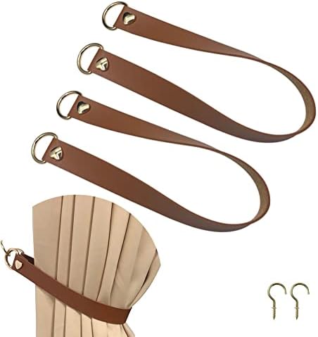 Leather Curtain Tiebacks, PU Leather Curtain Rod Holder Window Treatment Holdbacks Vintage Unique Style Decorative Drapery Tie Backs with 2 Wall Hooks(Brown, 2)
