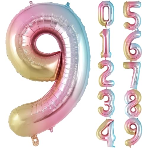Image of Rozi Decoration 32 Inch Rainbow Number 9 Foil Balloon - Large Metallic Gradient Party Decoration Balloon for Birthday, Anniversary & Events | Easy Inflate & Hang | Reusable Celebration Decor Pack of 1