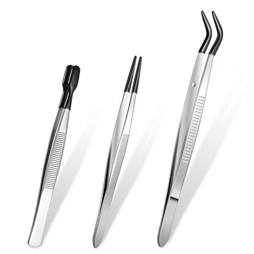 3 Pieces Tweezers with Rubber Tips Craft Sticker Rubber Tipped Tweezers Straight Flat Tip Long Bent Precision Tweezer Set for Crafting Jewelry Stamps Beads Lab Industrial Tools (Black)