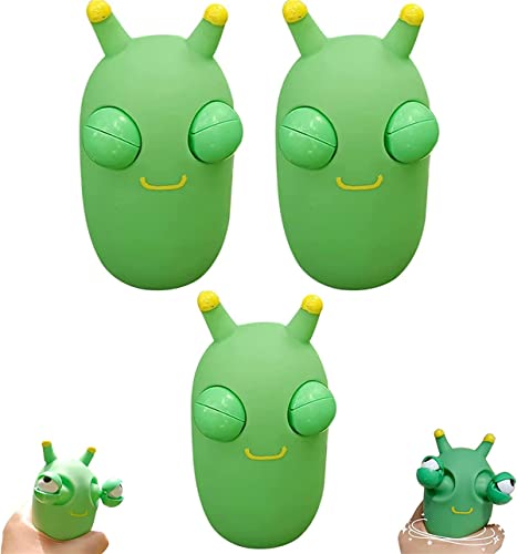 ZDDL Funny Grass Worm Pinch Toy,Grass Worm Fidgets Toys,Exploding Eye Vegetable Bug Toys,Novelty Rubber Squishes Green Eye Bouncing Worm Fidgets Toy (Schwarze Augen,3Stück) Cover