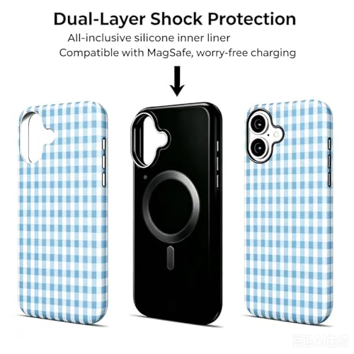 Image of for iPhone 16 Case Cute Phone Case,Compatible with MagSafe,Dual Layer Shockproof Protective Phone Cover,Hard Shell + Silicone Cover,Fashion Design for Women Girls,Blue and White Plaid