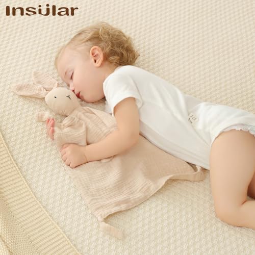 Image of insular Lovey Blanket for Boys and Girls, Organic Cotton Muslin Security Blanket for Babies, Soft Breathable Lovie Soothing Towel for Newborn and Infant, 2 Pcs Set (Beige&Khaki)
