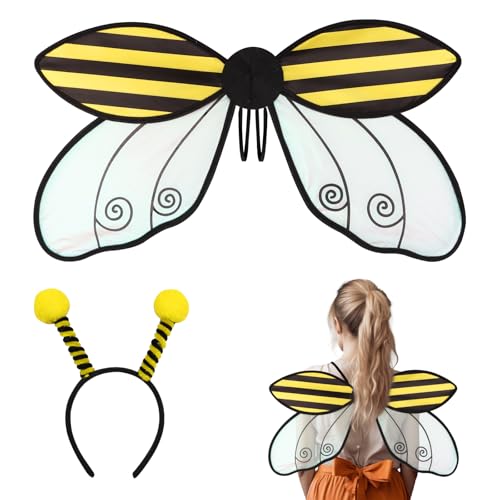 LANGFON Honey Bee Wings Strap-On Yellow Bumble Bee Costume Wings for Women Dress-up, Adjustable Honey Bee Costume Wings with Headband for Girls Kids Birthday Party Adult Costume Cosplay Accessories