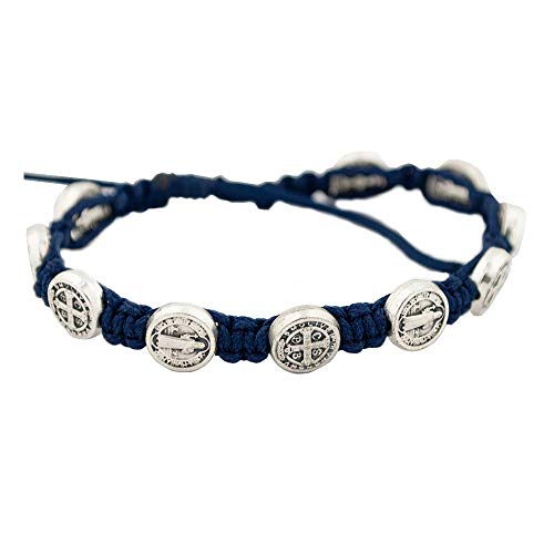 Image of St. Benedict Medal Woven Bracelet | Patron Saint of Students and Europe | Adjustable Length | Ten Detailed St. Benedict Medal Beads | Durable Cord and Strong Construction (Blue)