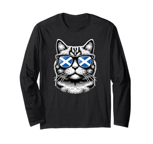 Scottish Cat Wearing Sunglasses with Scotland Flag Long Sleeve T-Shirt