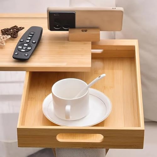 Bandeja para reposabrazos de sofá con soporte de teléfono rotatorio y mesa de madera auxiliar 6