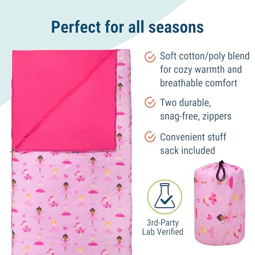 Image of Wildkin Kids Sleeping Bag - Roll-Up Design with Storage Bag for School, Travel & Camping - Ballerina