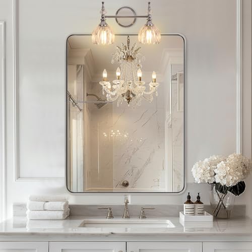 Image of ANDY STAR 2-Light Chrome Bathroom Vanity Light, Transitional Sconce | Ribbed Glass & Crystal Accent, Damp-Resistant, Ceramic E12 Base, Reversible Up /Down Mounting