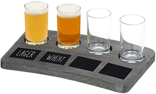 MyGift 5 Piece Set Vintage Grey Wood Beer Flight Tasting Glasses (6 oz) and Server Board Tray with Chalkboard Labels