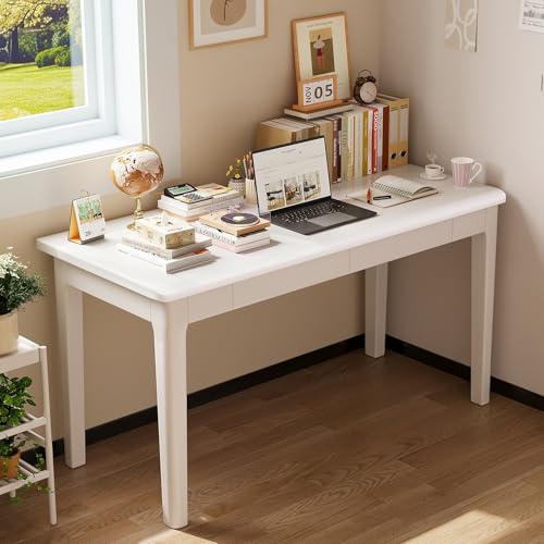 Mesa de escritura moderna de mediados de siglo con cajones, estilo vintage, para oficina en casa y dormitorio, diseño compacto (blanco, 47.24 pulgadas)