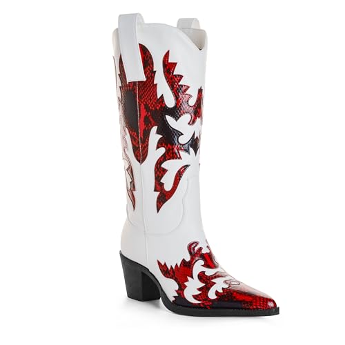 Image of ANN CREEK Women's 'Claremont' Sexy Cowboy Boots Mid Calf Knee-high Patchwork Dressy Cowgirl Western Woman Chunky Heel Pointed Toe Trendy Knee High Tall Boots