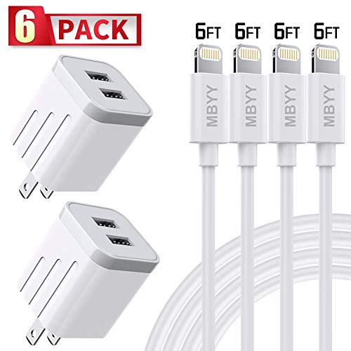 MBYY iPhone Charger MFi Certified Lightning Cable (4 Pack) 6FT Fast Charging Data Sync Transfer Cord with 2 Port USB Plug Wall Charger Travel Adapter Compatible with iPhone 11 Pro Max Xs X XR 8 7 Plus
