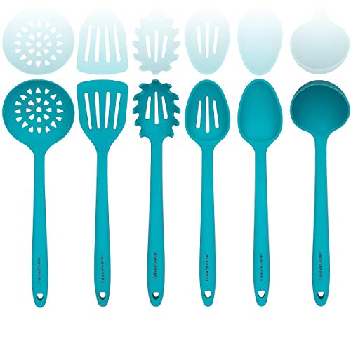 Culinary Couture Aqua Sky Silicone Cooking Utensils Set - Sturdy Steel Inner Core - Spatula, Mixing & Slotted Spoon, Ladle, Pasta Server, Drainer - Heat Resistant Kitchen Tools - Bonus Recipe Ebook #TOP5