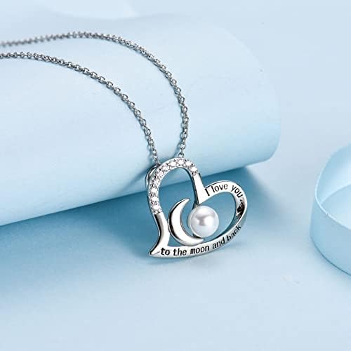 925 Sterling Silver Necklace - I Love You to The Moon and Back White Cubic Zirconia, Moon & Heart Pendant Necklace for Women Mum Mother Wife Girlfriend Birthday Mothers Day Valentines Christmas Gifts