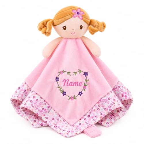 Image of June Garden Personalized Baby Girl Lovey Blanket Lily - 15 inch x 15 inch Plush Comforter with Rattle Doll Head, Custom Name Embroidery Security Blanket with Toy Attachment Strap