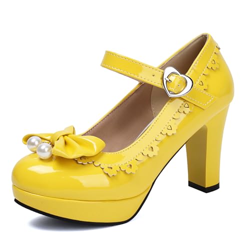 Women's Patent Leather Platform Chunky Heel Mary Jane Heels Comfort Closed Toe Elegant Pearl Bow Ankle Strap Kawaii Dress Pumps