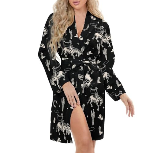 DGTXWIT Women's Sleep Bathrobe Western Cowboy Boho Cactus Long Sleeve V-Neck Soft Robe with Belt, Casual Cozy Loungewear for Sleeping And Relaxing L