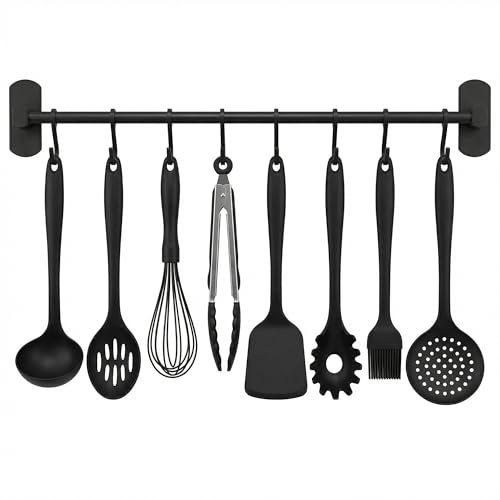 joeji's Kitchen Porte ustensiles cuisine adhésif noir - Accroche ustensiles de cuisine 40 cm - Barre cuisine avec 8 crochets