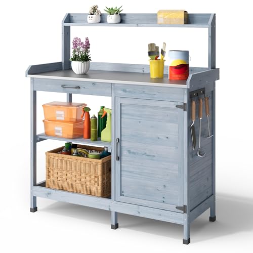 Blishom Pflanztisch aus Massivholz mit Arbeitsplatte, Outdoor Gärtnertisch, Verstellbarem Regal und Schrank – Multifunktionsbank für Garten,...