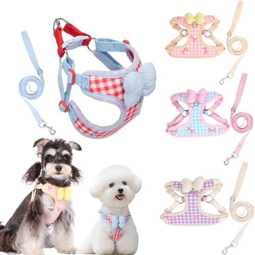 犬 ハーネス 可愛い リボン付き ペット用ハーネス リード 犬用胴輪小型犬 簡単装着 軽量 メッシュ 通気性 快適 ソフト 胸あて式 牽引ロープ 子犬 小型犬 中型犬 散歩 お出かけ用 (パープル,S)