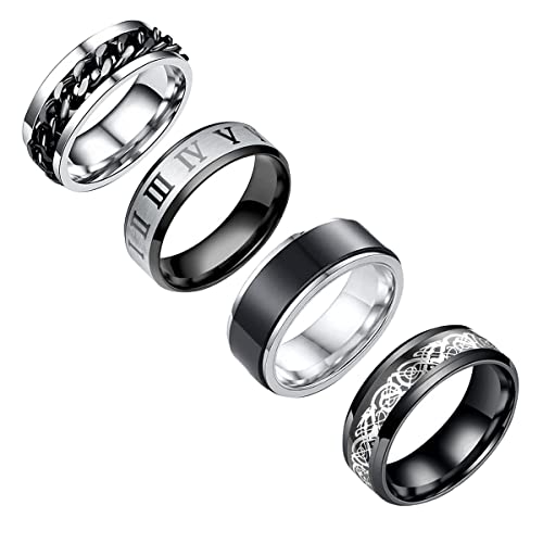 Stainless Steel Ring Set (4pcs Band), Men's Wedding Rings, Cool Spinner Rings, Black, Silver, Gold, Blue, 8mm Width, Unisex