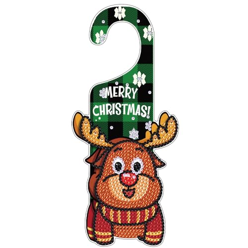 Image of AiYuanzsh Diamond Painting Christmas Door Sign Pendant Kits for Door Decoration, Christmas Deer 5D Crystal Rhinestones Diamond Art Hanging Door by Number Kits Hanging Home Decor Gift