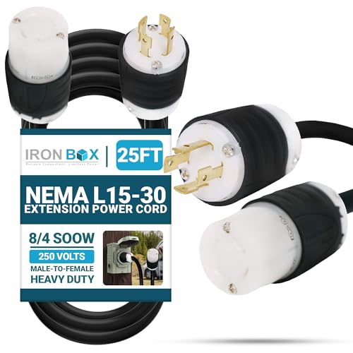 IronBox Electric - NEMA L15-30 Extension Power Cord - Rated for 30A/250V - Heavy Duty 8/4 SOOW Cable...