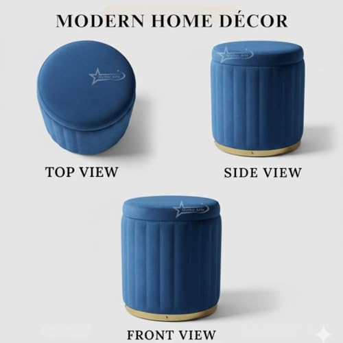 Image of Round Strip Stool with Cushion Foot Rest Office Stool Pouf Ottoman Padded Seat in Living Room - Blue