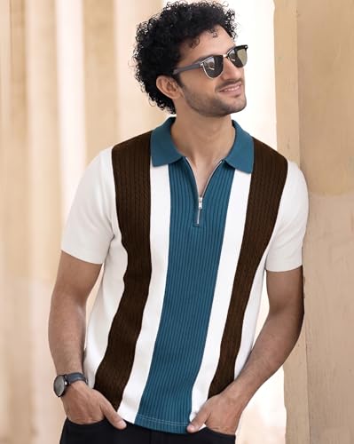 Image of AUSK Men's Zip Collar Polo Tshirt | Cotton Rich Material | Half Sleeves | Modern Knit Panel Work | Regular Fit